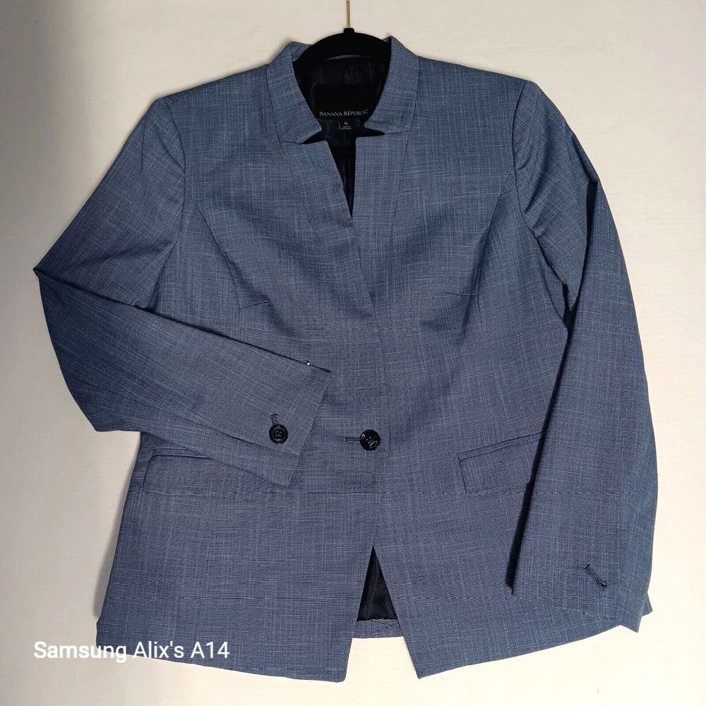 Banana Republic Inverted Collar Blazer Sz 6 Cross Hatch Dusty Blue